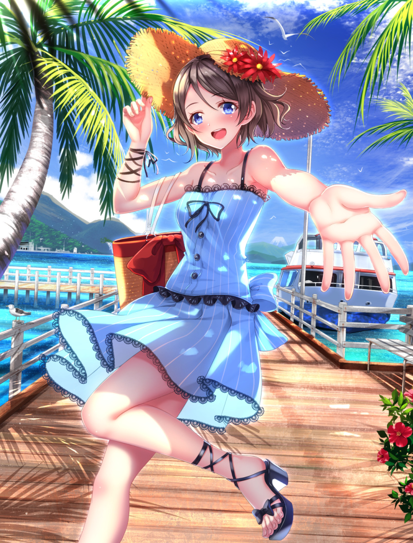 1girl animal arm_up armpits bag bare_shoulders bench bird black_ribbon blue_dress blue_eyes blue_sky boat bow breasts brown_hair brown_hat building buttons collarbone day dress flower forest handbag harbor hat hat_flower hat_ornament highres holding holding_hat lace lace-trimmed_dress lake looking_at_viewer love_live! love_live!_sunshine!! medium_breasts nature no_legwear outstretched_arm palm_tree palms pier plant pov red_bow red_flower ribbon round_teeth sandals shore short_hair sky solo straw_hat striped sundress swordsouls teeth toes tree vertical-striped_dress vertical_stripes watanabe_you water watercraft wristband