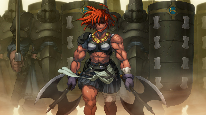 1girl abs alice_soft armor axe boots dark_skin double_bladed_axe female gloves knight minerva_margaret muscle rance09:_the_helman_revolution rance_(series) redhead scar skirt weapon