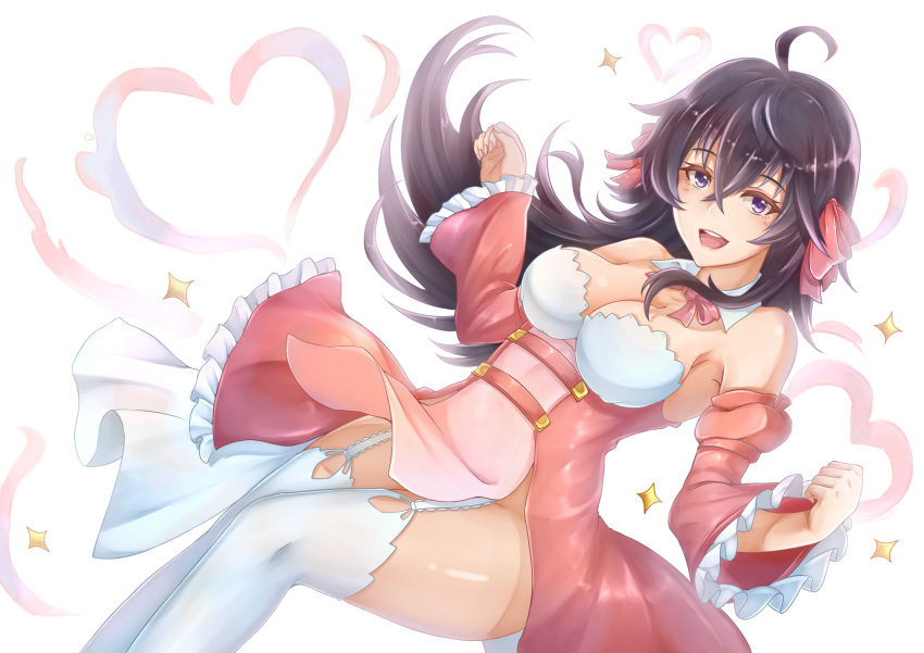 1girl absurdres ahoge bare_shoulders black_hair blue_eyes breasts bright_background cleavage detached_collar detached_sleeves dress edwin_(cyberdark_impacts) frilled_sleeves frills garter_straps hair_between_eyes hair_ribbon heart highres lips long_hair looking_at_viewer medium_breasts netoge_no_yome_wa_onna_no_ko_janai_to_omotta? open_mouth pink_dress pink_ribbon ribbon round_teeth sleeveless sleeveless_dress smile solo sparkle strapless strapless_dress tamaki_ako teeth thigh-highs white_legwear
