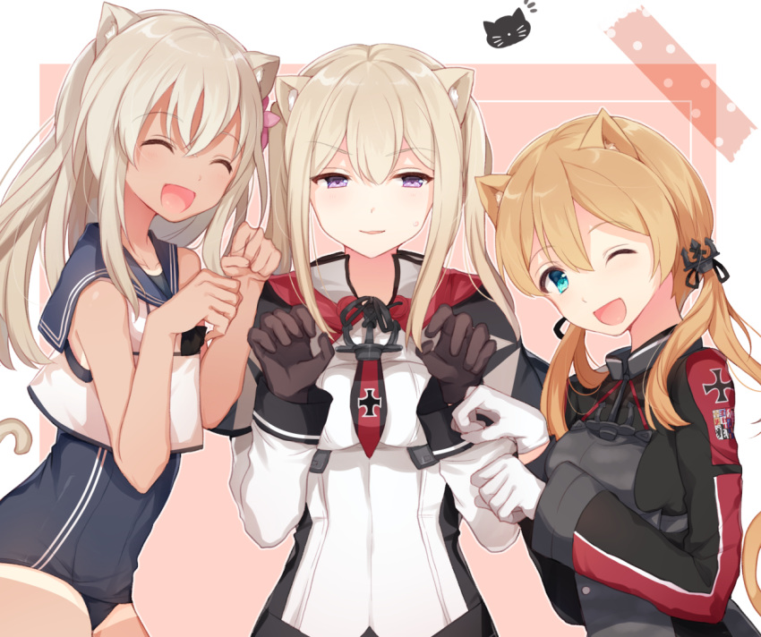 3girls :d ;d ^_^ ^o^ anchor_hair_ornament animal_ears bare_arms bare_shoulders black_gloves black_ribbon black_swimsuit blonde_hair blue_eyes breasts brown_gloves capelet cat_ears cat_paws cat_tail closed_eyes collarbone commentary_request cowboy_shot crop_top dark_skin eyebrows eyebrows_visible_through_hair flower girl_sandwich gloves graf_zeppelin_(kantai_collection) hair_between_eyes hair_flower hair_ornament hair_ribbon half-closed_eyes head_tilt hiiragi_souren iron_cross kantai_collection kemonomimi_mode long_hair long_sleeves looking_at_viewer low_twintails medium_breasts military military_uniform multiple_girls necktie one-piece_tan one_eye_closed open_mouth paw_pose paws pink_flower prinz_eugen_(kantai_collection) red_necktie ribbon ro-500_(kantai_collection) sailor_collar sandwiched school_swimsuit shirt short_hair sidelocks sleeveless sleeveless_shirt smile swimsuit swimsuit_under_clothes tail tan tanline tareme tsurime twintails uniform violet_eyes white_gloves white_shirt