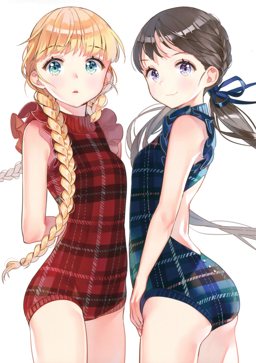2girls :3 absurdres anco_(melon85) arms_behind_back blonde_hair blue_eyes blue_ribbon blush braid cowboy_shot eyebrows eyebrows_visible_through_hair hair_ribbon highres long_hair multiple_girls one-piece_swimsuit original plaid plaid_swimsuit ribbon scan simple_background swimsuit triangle_mouth twin_braids twintails very_long_hair violet_eyes white_background
