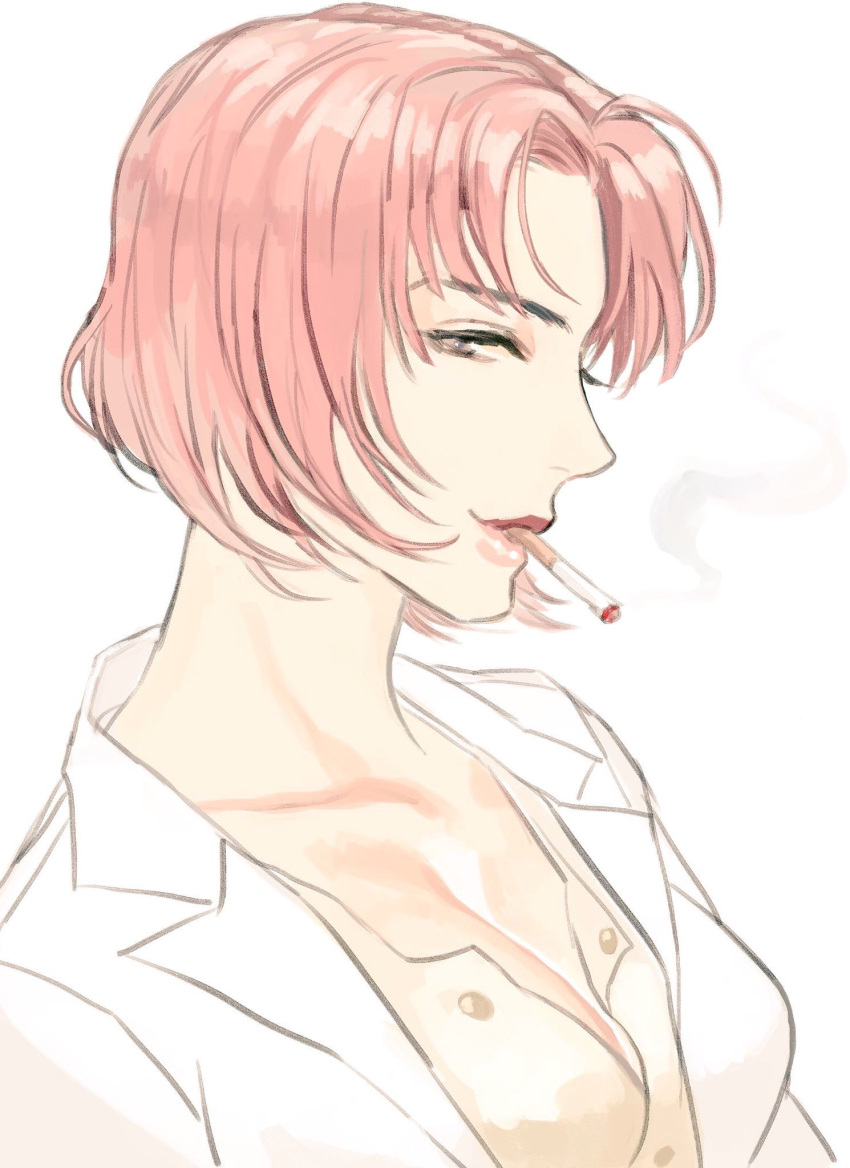 1girl breasts character_request cigarette cleavage coat collarbone copyright_request highres large_breasts lavender_eyes lips neck pink_hair profile short_hair smoking solo supocon unbuttoned upper_body
