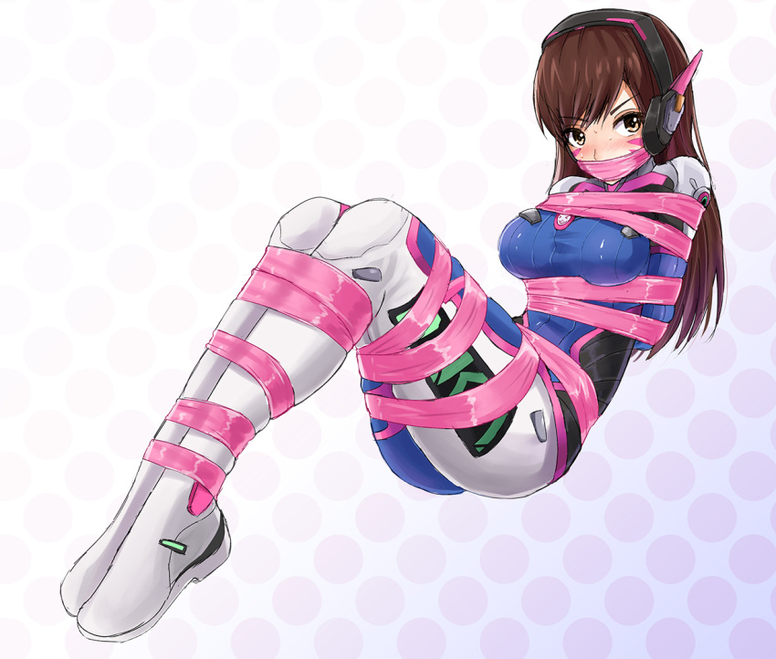 1girl bdsm blush bodysuit bondage bound breasts brown_hair d.va_(overwatch) facial_mark gag headphones jitan777 legs long_hair overwatch pilot_suit ribbon ribbon_bondage shirt solo taut_clothes taut_shirt thighs whisker_markings yellow_eyes