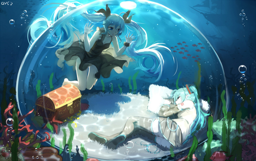 2girls against_glass ahoge air_bubble alternate_costume arm_tattoo asymmetrical_clothes bai_yemeng bare_legs bare_shoulders barefoot black_dress black_legwear boots carpet caustics coral crab detached_sleeves dome dress dual_persona encasement fish floating_hair gold grey_legwear hair_ornament hair_ribbon hatsune_miku knees_together_feet_apart light_rays long_hair looking_at_another lying multiple_girls number_tattoo on_floor on_side pillow pleated_skirt ribbon seaweed shinkai_shoujo_(vocaloid) ship shirt sidelocks signature skirt sleeping sleeveless sleeveless_dress sleeveless_shirt spaghetti_strap starfish swimming tattoo thigh-highs thigh_boots treasure_chest twintails underwater very_long_hair vocaloid watercraft wrist_cuffs