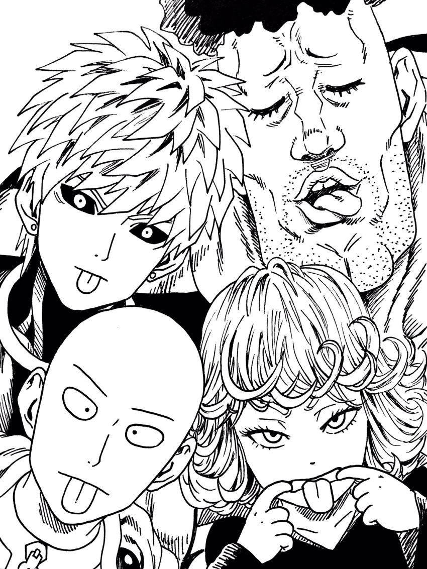 1girl 3boys artist_request bald black_sclera chin cleft_chin closed_eyes earrings eyebrows eyelashes facial_hair genos highres ink_(medium) jewelry lee_(dragon_garou) monochrome mouth_pull multiple_boys official_style one-punch_man open_mouth puri_puri_prisoner saitama_(one-punch_man) stubble stud_earrings tatsumaki tongue tongue_out traditional_media