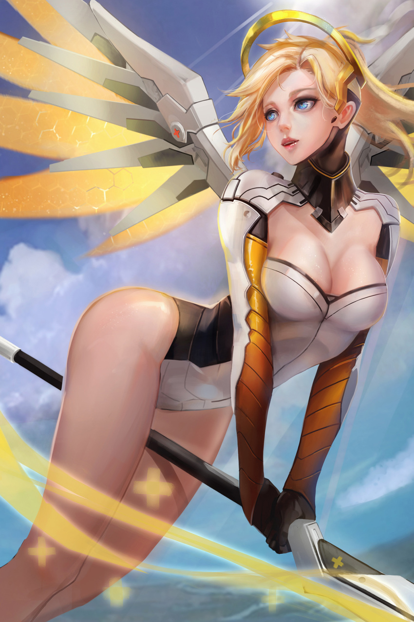 1girl :d adapted_costume bare_legs between_legs blonde_hair blue_eyes blue_sky bodysuit breasts cleavage cleavage_cutout clouds cowboy_shot day from_below from_side gloves halo hexagon high_ponytail highres holding holding_staff holding_weapon large_breasts leaning_forward legs_together leotard light_rays light_smile lipstick looking_back looking_to_the_side makeup mechanical_wings mercy_(overwatch) object_riding open_mouth overwatch parted_lips pink_lips plus_sign ponytail red_cross short_hair sky smile solo staff sunbeam sunlight thighs tian_(56800940) turtleneck v_arms weapon wings