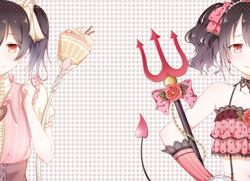 1girl argyle argyle_background bare_shoulders black_hair bow camisole closed_mouth collarbone corset cupcake demon_tail detached_sleeves dual_persona earrings evil_grin evil_smile fang flower grin hair_bow highres jewelry lace_choker looking_at_viewer love_live! love_live!_school_idol_project pink_bow pitchfork puffy_short_sleeves puffy_sleeves red_eyes red_rose ribbon-trimmed_sleeves ribbon_trim rose short_sleeves smile staff tail tohoko_kiri whipped_cream wu yazawa_nico
