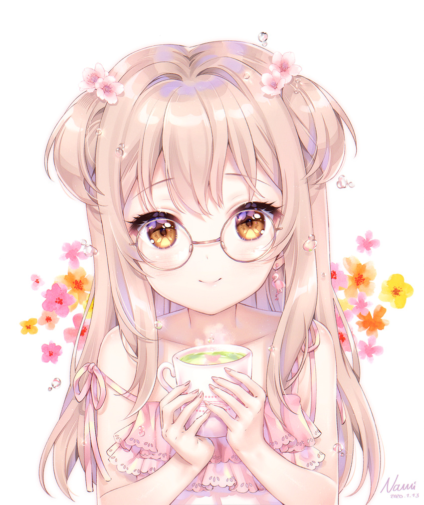1girl bare_arms bare_shoulders blush brown-framed_eyewear brown_eyes brown_hair closed_mouth commentary cup dated dress english_commentary floral_background flower glasses hair_flower hair_ornament hands_up highres holding holding_cup long_hair looking_at_viewer mug natsumii_chan original pink_dress pink_flower round_eyewear signature simple_background sleeveless sleeveless_dress smile solo steam strap_slip two_side_up upper_body white_background