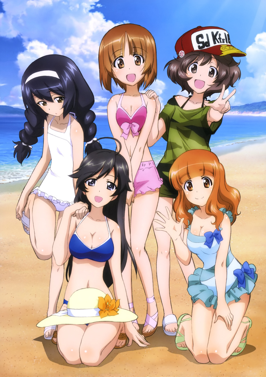 :/ :d absurdres akiyama_yukari alternate_hairstyle baseball_cap beach bikini black_eyes black_hair blue_bikini blue_bow bow braid breasts brown_eyes brown_hair camouflage camouflage_shirt cleavage closed_mouth clouds collarbone feet frilled_swimsuit frills full_body girls_und_panzer hairband halterneck hands_on_another's_shoulder hands_together hat hat_removed head_tilt headwear_removed highres isuzu_hana kneeling long_hair looking_at_viewer navel nishizumi_miho off-shoulder_shirt official_art one-piece_swimsuit open_mouth outdoors outstretched_arm own_hands_together reizei_mako sandals scan seiza shirt short_hair sitting sky smile standing standing_on_one_leg sugimoto_isao sun_hat swimsuit takebe_saori twin_braids v v_arms very_long_hair water white_swimsuit