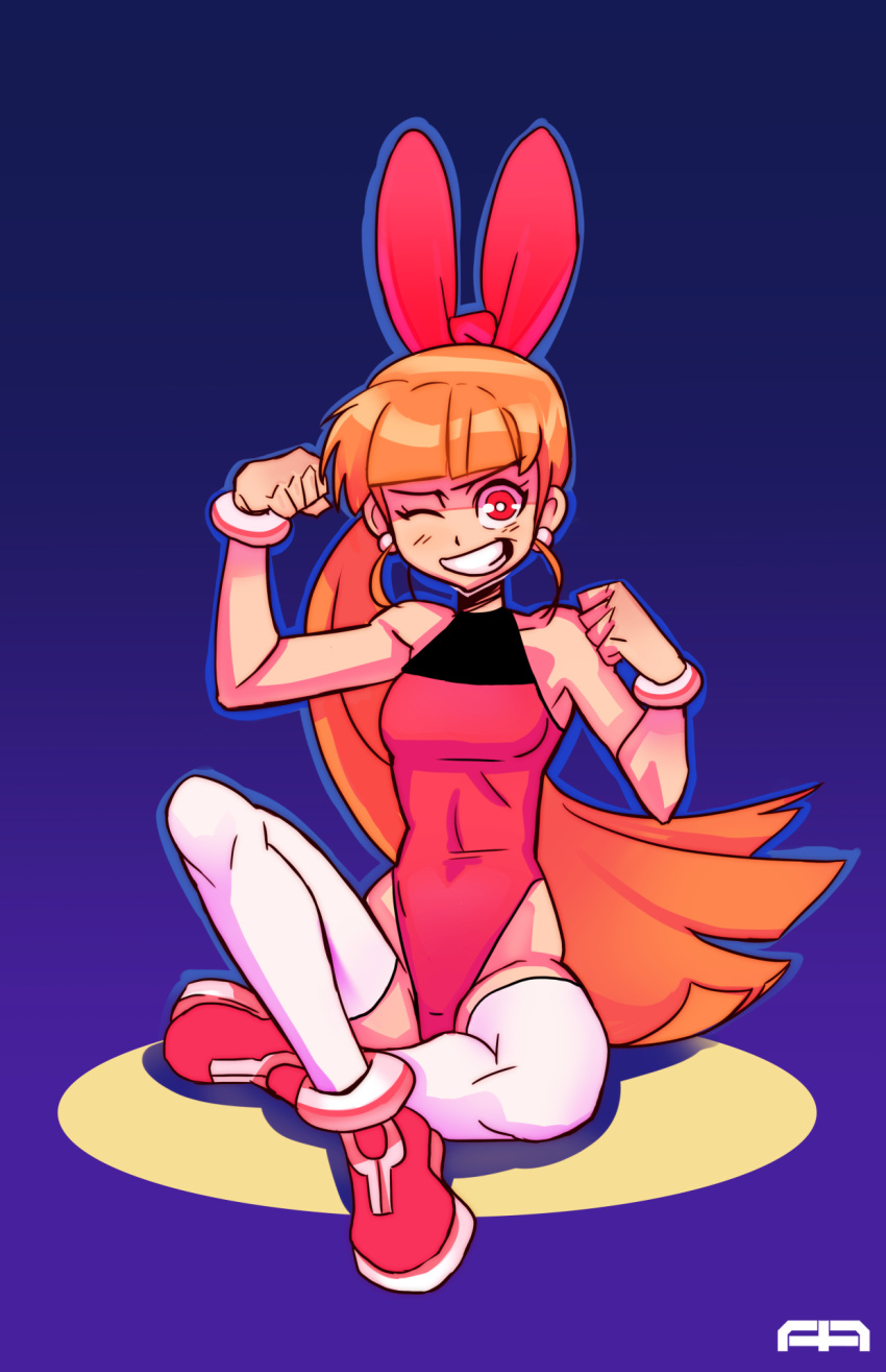 1girl ;d akazutsumi_momoko andava blue_background bow clenched_hands earrings fingerless_gloves flat_chest full_body gloves hair_bow highres hyper_blossom jewelry leotard long_hair one_eye_closed open_mouth orange_hair powerpuff_girls_z red_bow red_eyes shoes sitting smile solo thigh-highs very_long_hair white_legwear