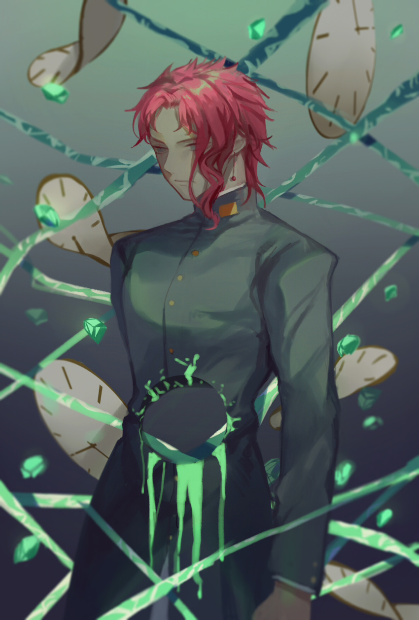 1boy blood blue_eyes blurry clock depth_of_field earrings gakuran green_blood hierophant_green highres hole_on_body jewelry jojo_no_kimyou_na_bouken kakyouin_noriaki male_focus pink_hair profile scar scar_across_eye school_uniform solo stand_(jojo) tentacle wortide