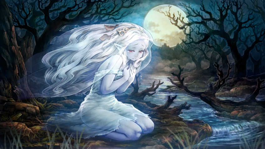 1girl banshee_(dragon's_crown) bare_tree blue_skin crying dragon's_crown dress full_moon game_cg ghost hands_on_own_chest highres kneeling long_hair moon night official_art outdoors own_hands_together pointy_ears red_eyes see-through seiza shigatake sitting solo stream torn_clothes tree veil water white_hair yellow_moon