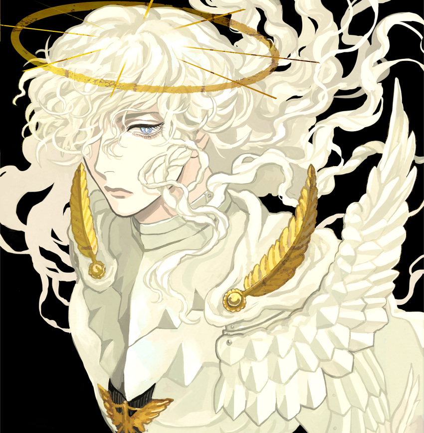 1boy berserk blue_eyes feathers frown griffith hair_over_one_eye halo highres long_hair male_focus solo supocon uniform upper_body wavy_hair white_hair