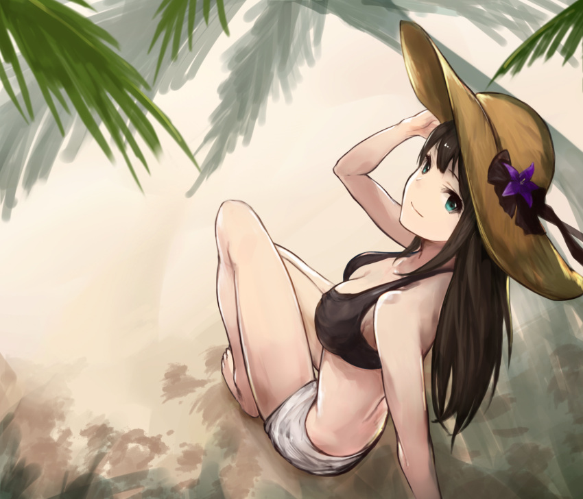 1girl adjusting_clothes adjusting_hat arm_support bangs barefoot beach bikini breasts brown_hair collarbone commentary from_above full_body green_eyes hat highres idolmaster idolmaster_cinderella_girls leaning_back long_hair looking_at_viewer looking_back looking_up medium_breasts palm_tree sand shibuya_rin shorts sitting smile solo straw_hat sun_hat swimsuit tree yashigaras