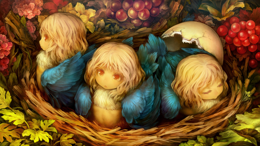 3girls blonde_hair broken_egg child closed_mouth dragon's_crown feathers flower food fruit game_cg grapes harpy harpy_(dragon's_crown) highres leaf long_hair monster_girl multiple_girls nest official_art red_eyes shigatake younger