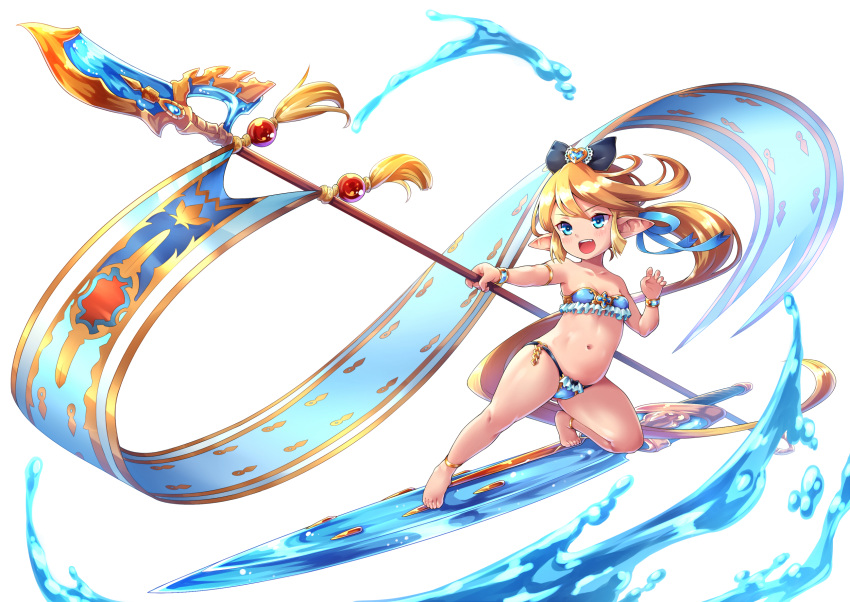 1girl anklet armlet bare_shoulders barefoot bikini blonde_hair blue_bikini blue_eyes blush bow bracelet breasts charlotta_(granblue_fantasy) collarbone combat_s-ko crown fang frilled_bikini frills full_body granblue_fantasy hair_bow harbin highres jewelry long_hair navel open_mouth pointy_ears polearm simple_background small_breasts solo spear surfboard swimsuit very_long_hair water weapon white_background