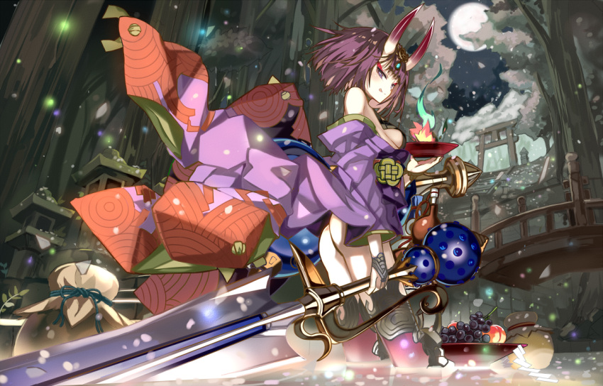 1girl :q architecture ass bare_shoulders blush breasts bridge cleavage east_asian_architecture fate/grand_order fate_(series) fireflies food fruit gourd grapes horns huge_weapon japanese_clothes kimono light_particles long_sleeves looking_at_viewer obi off_shoulder oni oni_horns partially_submerged peach purple_hair river sakazuki sash shino_(eefy) short_hair shuten_douji_(fate/grand_order) small_breasts solo thigh-highs tongue tongue_out torii violet_eyes weapon wide_sleeves