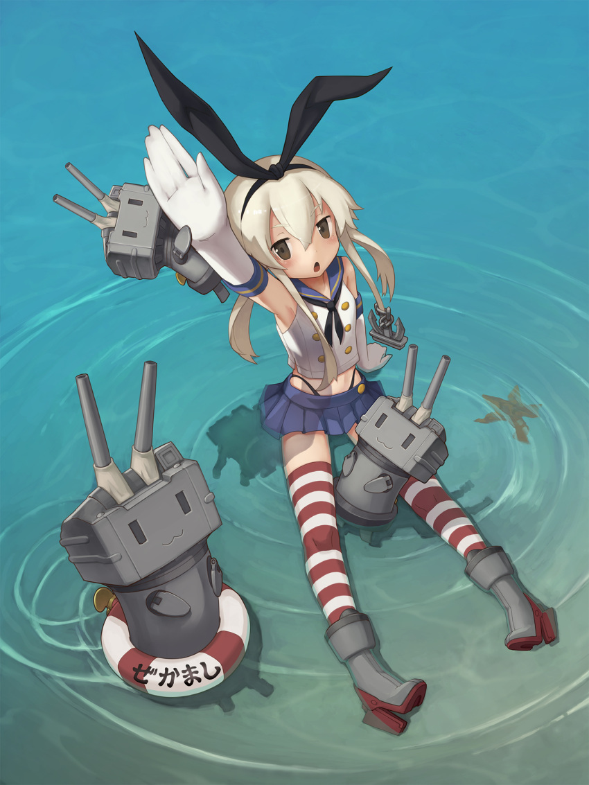 1girl :3 arm_up black_ribbon blonde_hair blue_skirt blush boots brown_eyes crop_top elbow_gloves from_above full_body gloves hair_between_eyes hair_ribbon high_heels highres kantai_collection long_hair meiax miniskirt neckerchief pleated_skirt rensouhou-chan ribbon ripples sailor_collar shimakaze_(kantai_collection) shirt silhouette sitting skirt sleeveless sleeveless_shirt starfish striped striped_legwear thigh-highs triangle_mouth water white_shirt ||_||
