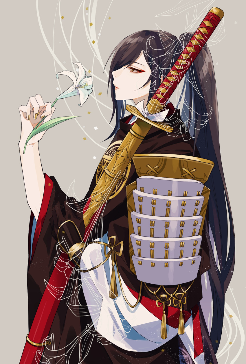 1boy armor black_hair flower from_side highres japanese_armor japanese_clothes jjjtttjjj lily_(flower) male_focus nail_polish ootachi parted_lips personification ponytail profile sode solo sword tarou_tachi touken_ranbu upper_body weapon yamada_chickenko yellow_eyes yellow_nails
