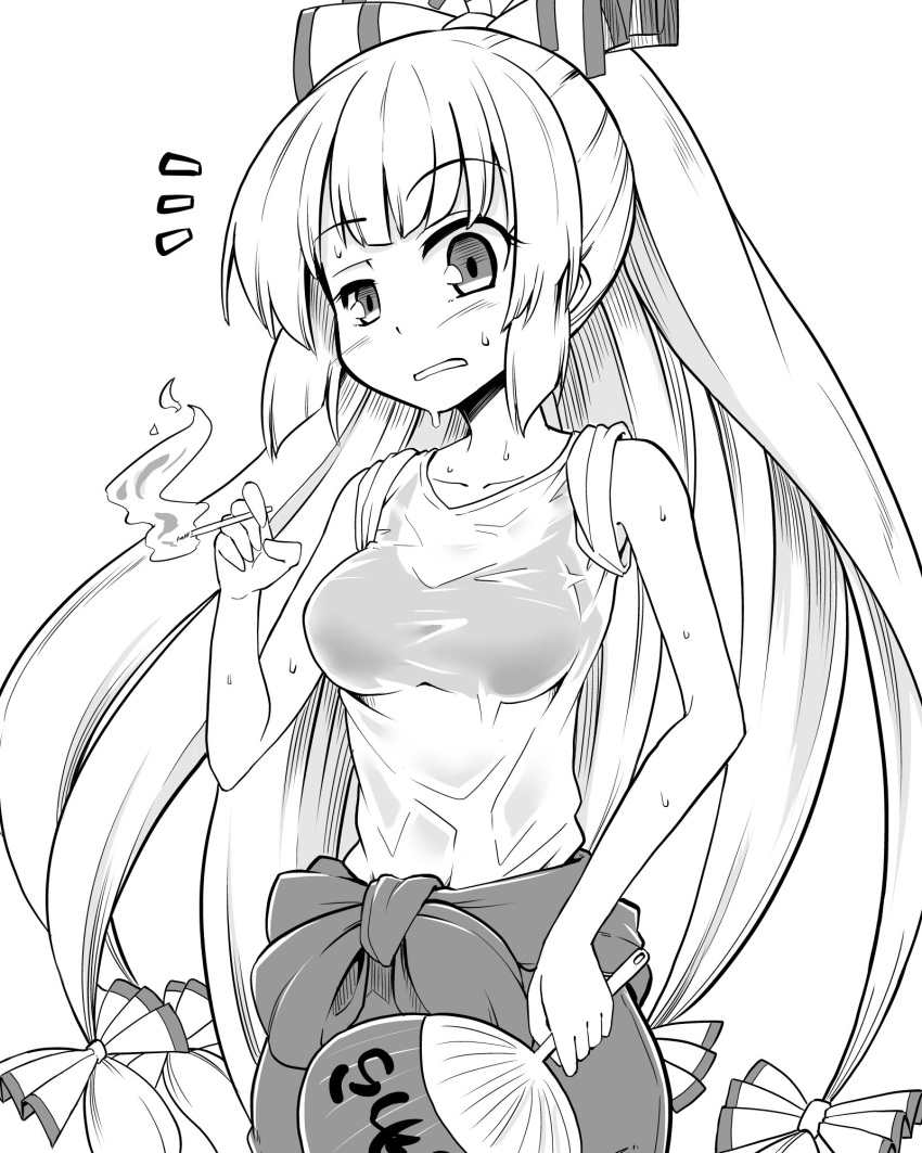 1girl bangs bow bra breasts cigarette commentary_request eyebrows eyebrows_visible_through_hair fan fujiwara_no_mokou futa4192 greyscale hair_bow highres holding_cigarette holding_fan hot large_breasts long_hair looking_at_viewer monochrome see-through shirt sidelocks sleeves_rolled_up solo sweat touhou translation_request underwear wet wet_clothes wet_shirt