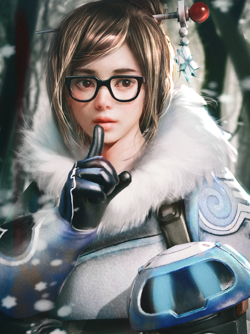 1girl bangs beads black-framed_eyewear blue_gloves brown_eyes brown_hair coat cursedapple drone eyelashes finger_to_mouth fur-lined_jacket fur_coat fur_trim glasses gloves hair_bun hair_ornament hair_stick hand_up highres lips lipstick machinery makeup mei_(overwatch) nose overwatch parted_bangs parted_lips pink_lips realistic robot ryan_tien short_hair shushing sidelocks smile snow snowball_(overwatch) snowflake_hair_ornament snowflakes snowing solo swept_bangs tree upper_body winter_clothes winter_coat