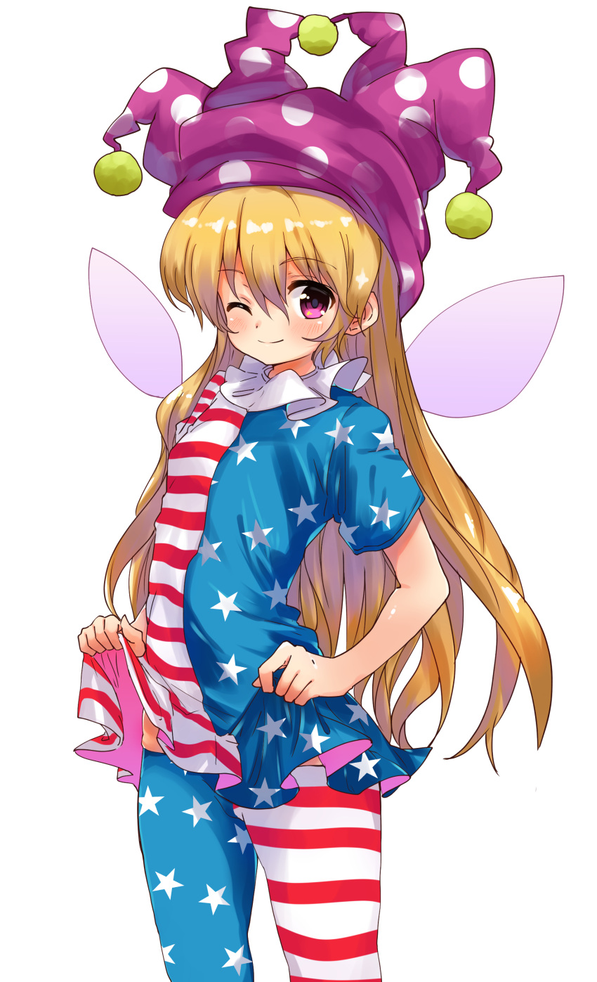 1girl absurdres alternate_legwear american_flag_dress american_flag_legwear blonde_hair blush breasts closed_mouth clownpiece cowboy_shot dress dress_lift fairy_wings hair_between_eyes hat highres jester_cap lifted_by_self long_hair looking_at_viewer neck_ruff nekozuwa one_eye_closed pantyhose polka_dot short_dress short_sleeves simple_background small_breasts smile solo standing star star_print striped thigh-highs touhou very_long_hair violet_eyes white_background wings