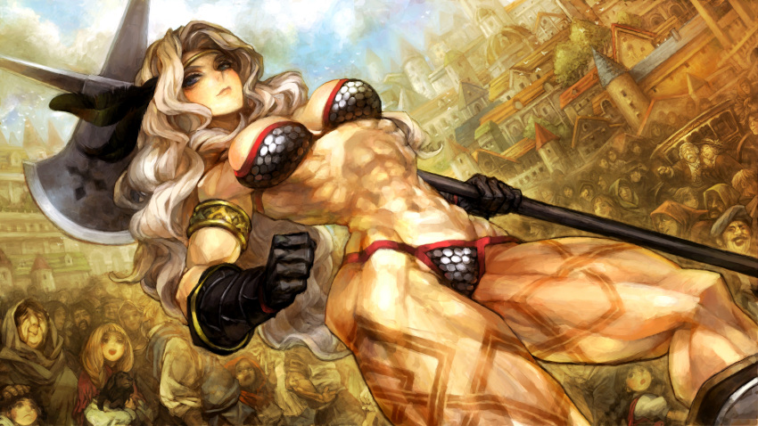 1girl :&lt; :d abs amazon_(dragon's_crown) armlet axe bikini black_gloves blonde_hair blue_eyes blush braid breasts brown_eyes brown_hair circlet clenched_hand dog dragon's_crown dutch_angle facial_hair game_cg gloves grey_hair hand_on_another's_head hat highres holding house kida_emika long_hair looking_at_another muscle mustache navel official_art open_mouth pointing smile solo_focus swimsuit twin_braids weapon