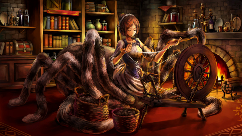 1girl basket book bookshelf bottle brick_wall brown_hair candle candlestand carpet closed_eyes dragon's_crown dress fantasy fire fireplace game_cg goblet highres holding indoors insect_girl murakami_akira official_art plate silk solo spider_girl spinning_wheel treasure_chest wood