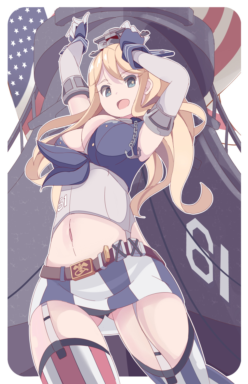 1girl absurdres american_flag arms_up blonde_hair blue_eyes breasts elbow_gloves fingerless_gloves garter_straps gloves gluteal_fold hand_on_headwear hat highres iowa_(kantai_collection) kantai_collection large_breasts long_hair miniskirt navel number object_namesake open_mouth phibonnachee ship skirt solo star star-shaped_pupils striped striped_legwear symbol-shaped_pupils thigh-highs watercraft