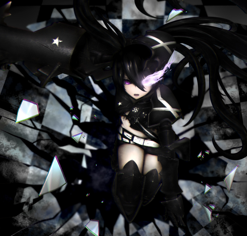 1girl armor belt black_hair black_rock_shooter black_shorts checkered checkered_floor from_above glass_shards glowing glowing_eye hair_between_eyes highres insane_black_rock_shooter kinoshita_ringo_(kagamine-ren02) long_hair looking_at_viewer open_mouth short_shorts shorts solo star twintails very_long_hair violet_eyes