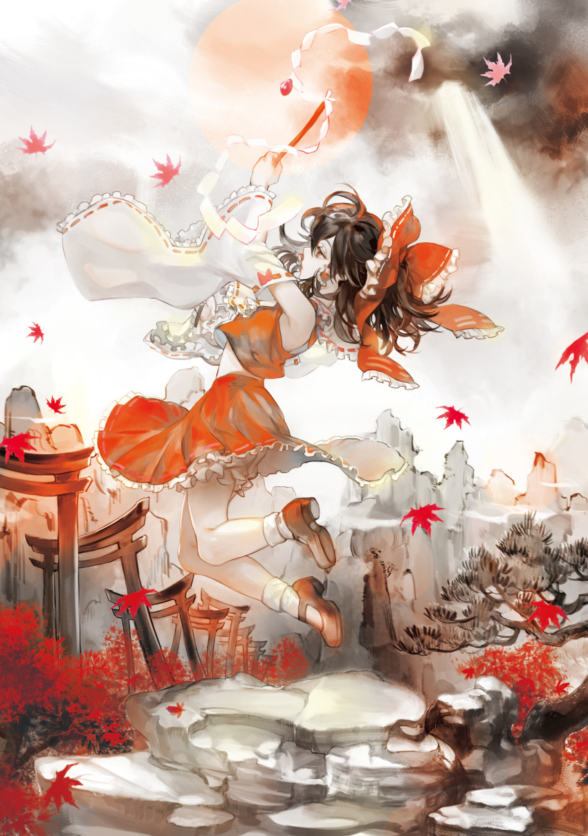 1girl absurdres ascot bloomers blouse bow brown_hair clouds detached_sleeves fine_art_parody gohei hair_bow hair_tubes hakurei_reimu highres mountain nihonga noir_(ibaraki) parody ribbon-trimmed_sleeves ribbon_trim skirt skirt_set solo sun sunlight torii touhou underwear wide_sleeves