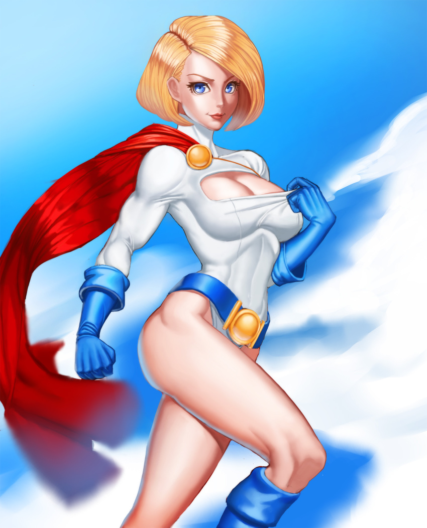 1girl belt blonde_hair blue_eyes blue_gloves boots breasts cape cleavage cleavage_cutout daft_v_lim dc_comics flying gloves highres leotard looking_at_viewer midair power_girl short_hair smile solo superhero