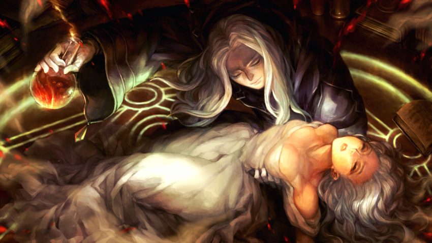 1boy 1girl arm_around_waist book breasts cleavage closed_eyes closed_mouth dragon's_crown dress game_cg highres holding kida_emika long_hair magic_circle official_art open_book parted_lips round-bottom_flask white_dress white_hair wizard wizard_(dragon's_crown)