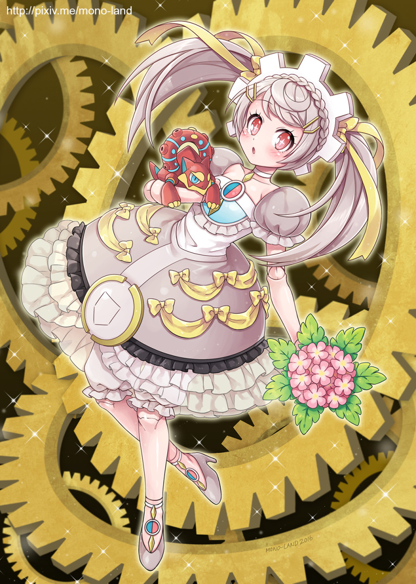 +_+ 1girl 2016 artist_name blush bouquet braid doll_joints dress flower full_body gears grey_dress grey_shoes hair_ornament hair_ribbon hairclip headpiece high_heels highres long_hair looking_at_viewer magearna mono_land open_mouth personification petticoat pokemon red_eyes ribbon shoes sparkle twintails volcanion watermark web_address