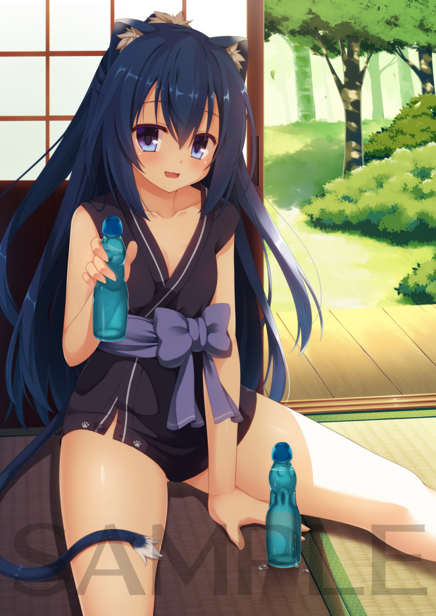1girl :d animal_ears architecture blue_eyes blue_hair blush bottle bow breasts bush cat_ears cat_girl cat_tail cleavage collarbone east_asian_architecture gluteal_fold half_updo highres holding holding_bottle japanese_clothes kimono long_hair looking_at_viewer open_mouth original paw_print purple_bow ramune sample sash short_kimono sitting sleeveless small_breasts smile solo spread_legs tail tatami tree yuzu_modoki