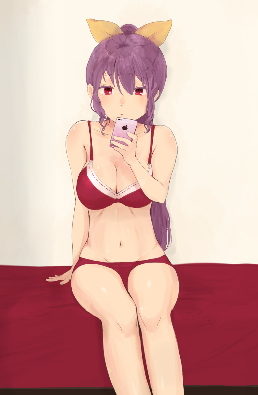 1girl absurdres alternate_costume bikini bow breasts cellphone collarbone colored_eyelashes expressionless hair_bow highres honi indoors iphone legs long_ponytail navel parted_lips phone red_bikini red_eyes shiny shiny_hair shiny_skin short_hair sitting smartphone solo stomach swimsuit thighs touhou watatsuki_no_yorihime