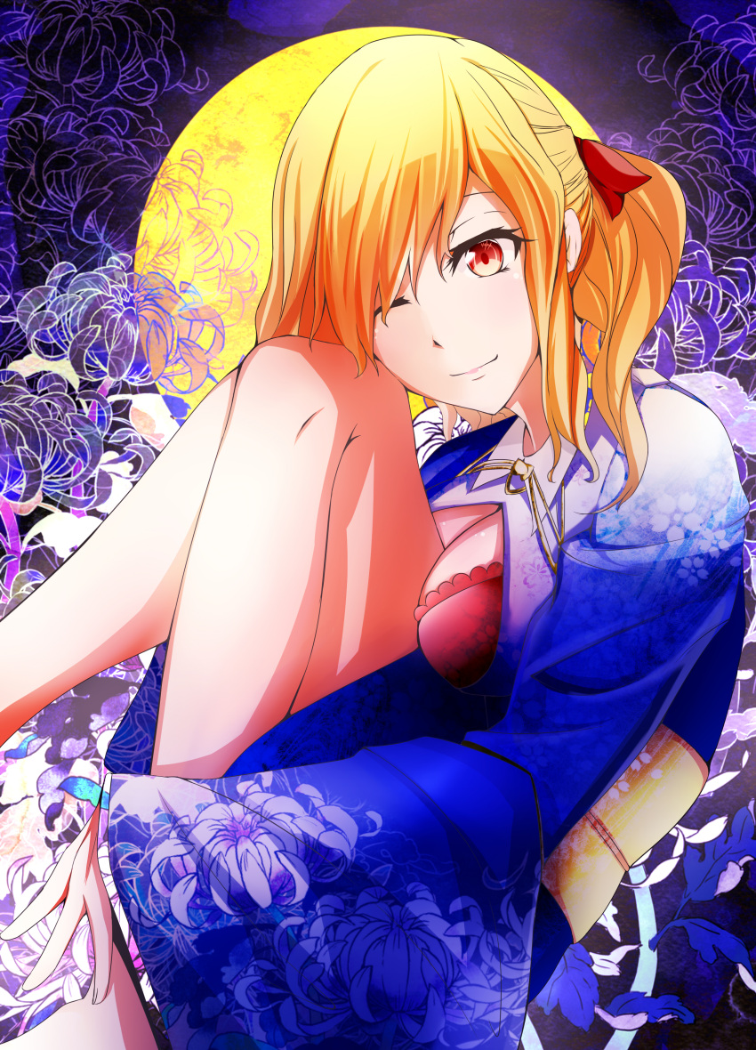 1girl absurdres alternate_costume alternate_eye_color alternate_hair_length alternate_hairstyle bad_anatomy bad_leg barefoot blonde_hair blue_kimono bow bra breasts cleavage floral_background floral_print flower full_moon hair_bow highres japanese_clothes kimono knees_to_chest legs legs_up looking_at_viewer looking_to_the_side ming-wu_min moon nanamin_(yakumo226) obi one_eye_closed open_clothes open_kimono poorly_drawn red_bra red_eyes ribbon sash shiny shiny_hair shiny_skin short_hair side_ponytail sidelocks smile solo spider_lily spider_lily_print thighs touhou underwear wide_sleeves yakumo_yukari yukata