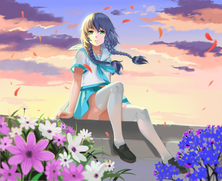 1girl arms_at_sides black_hair blue_skirt blurry braid crying crying_with_eyes_open depth_of_field flower full_body green_eyes hair_ornament highres loafers long_hair luo_tianyi outdoors panties pantyshot pantyshot_(sitting) petals pleated_skirt school_uniform serafuku shoes short_sleeves sitting skirt sky solo tears thigh-highs tied_hair traze twin_braids underwear vocaloid white_legwear white_panties wind