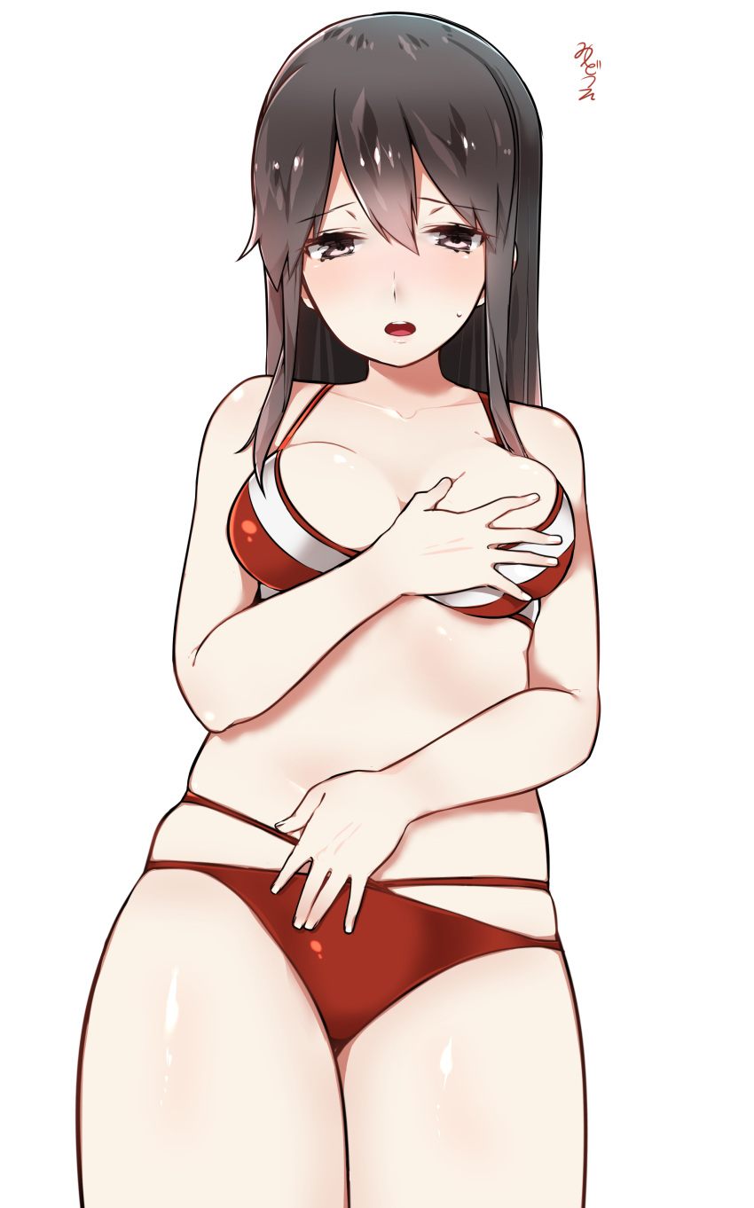 1girl absurdres akagi_(kantai_collection) bare_shoulders bikini blush breasts brown_eyes brown_hair collarbone embarrassed hair_between_eyes hand_on_breast highres kantai_collection long_hair medium_breasts mitsudoue open_mouth simple_background solo straight_hair swimsuit