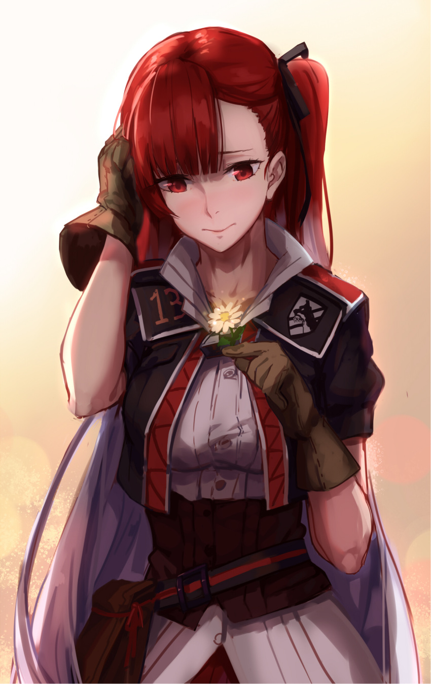 1girl adjusting_hair blush breasts flower gloves hair_ribbon hfp~kubiao hfp～kubiao highres jacket large_breasts long_hair military military_uniform multicolored_hair pouch red_eyes redhead ribbon riela_marcellis senjou_no_valkyria senjou_no_valkyria_3 side_ponytail solo two-tone_hair uniform upper_body very_long_hair white_hair