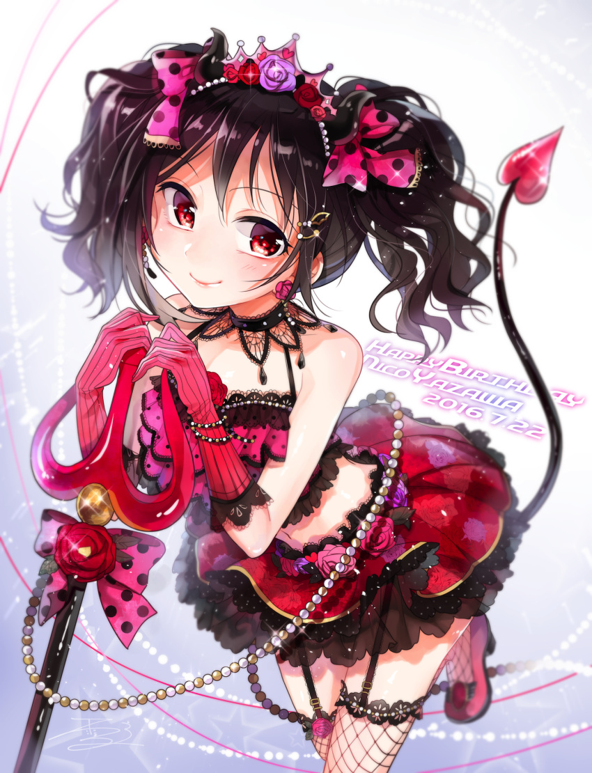 1girl 2016 bare_shoulders black_hair bow bracelet character_name choker dated demon_tail fishnet_legwear fishnets garter_belt gloves hair_bow hair_ornament hairclip happy_birthday highres jewelry love_live! love_live!_school_idol_project midriff navel polearm polka_dot polka_dot_bow red_eyes red_gloves red_skirt short_hair skirt smile solo tail thigh-highs tiara trident twintails weapon yazawa_nico yukinokoe