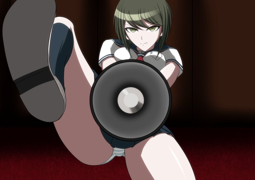 1girl dangan_ronpa highres megaphone naegi_komaru panties school_uniform sho-chan short_hair solo striped striped_panties underwear zettai_zetsubou_shoujo