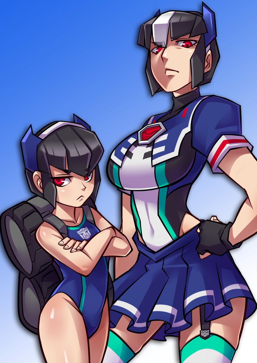 &gt;:&lt; absurdres autobot backpack bag black_hair breasts closed_mouth contrapposto covered_navel crossed_arms dual_persona fingerless_gloves fortress_maximus frown garter_straps genderswap genderswap_(mtf) gloves hairband hand_on_hip highres large_breasts miniskirt multicolored_hair personification red_eyes ryuusei_(mark_ii) serious sidelocks skirt striped striped_legwear swimsuit thigh-highs transformers turtleneck two-tone_hair white_hair