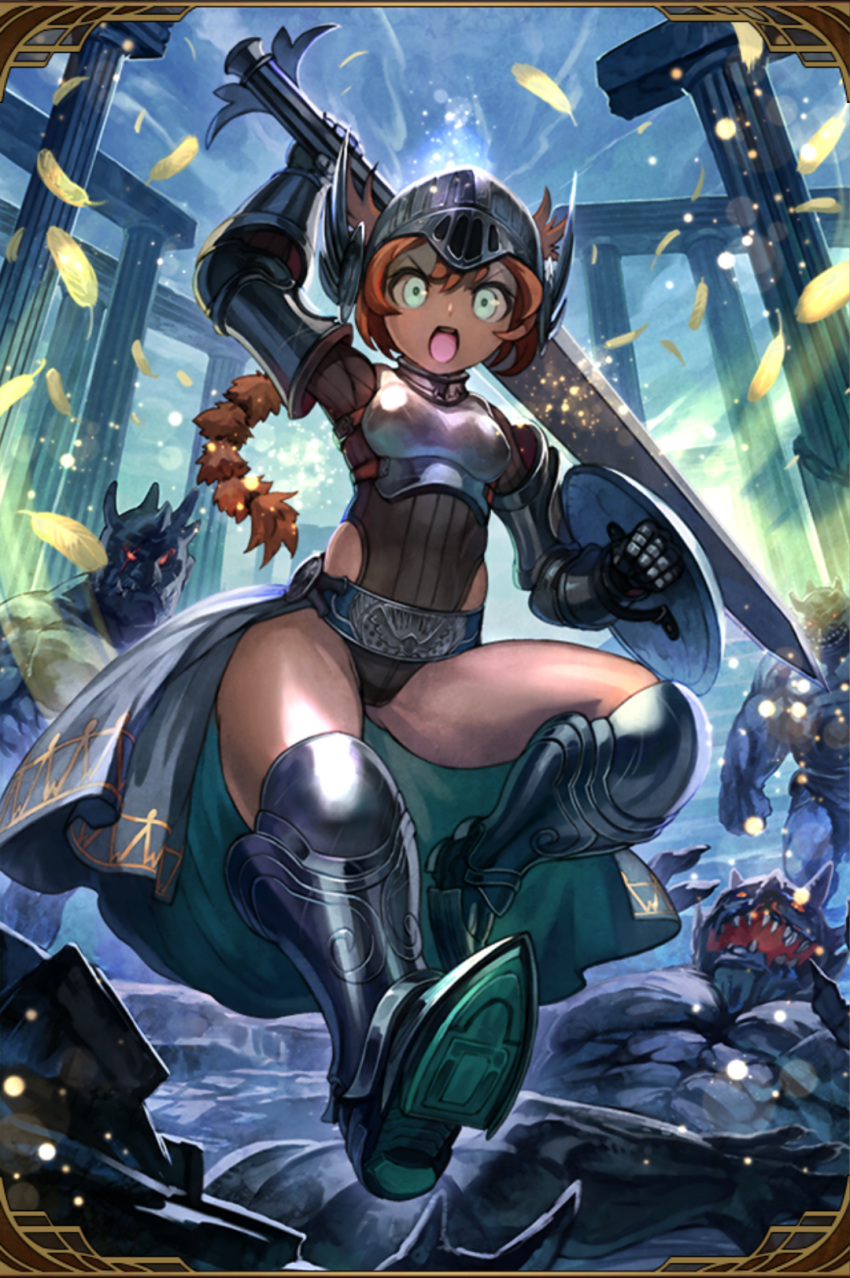 &gt;:o 1girl :o abs aqua_eyes artist_request belt boots breastplate brown_hair column dark_skin feathers foreshortening gauntlets grand_sphere helmet highres horns knee_boots leotard looking_at_viewer muscle open_clothes open_mouth open_skirt pillar ponytail red_eyes sharp_teeth shield skirt solo_focus sword teeth thighs weapon winged_helmet wings