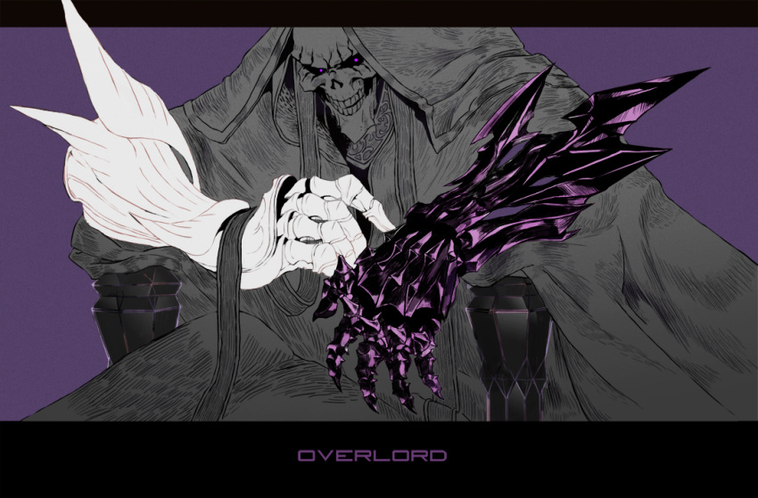 1boy ainz_ooal_gown artist_request collar english gauntlets hood monochrome overlord_(maruyama) purple_background robe sitting skeleton solo undead violet_eyes