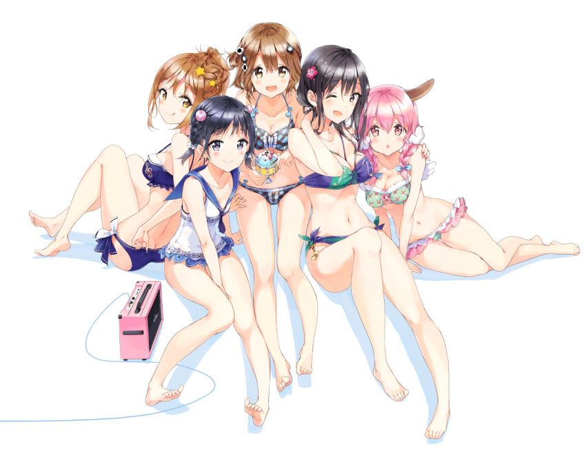 5girls :o :q ;d adjusting_clothes adjusting_swimsuit arm_support barefoot between_breasts bikini black_eyes black_hair blue_bikini blush bow braid breasts brown_eyes brown_hair butt_crack casual_one-piece_swimsuit cleavage collarbone feet frilled_bikini frills from_side hair_bow hair_ornament halterneck komori_quintet! leaning_back looking_at_viewer looking_back medium_breasts multiple_girls musical_note navel one-piece_swimsuit one_eye_closed open_mouth pink_eyes pink_hair plaid plaid_bikini quaver sailor_collar side-tie_bikini side_braid simple_background sitting small_breasts smile staff_(music) star star_hair_ornament strap_gap swimsuit thigh_gap tiv toes tongue tongue_out treble_clef twin_braids wet white_background yokozuwari