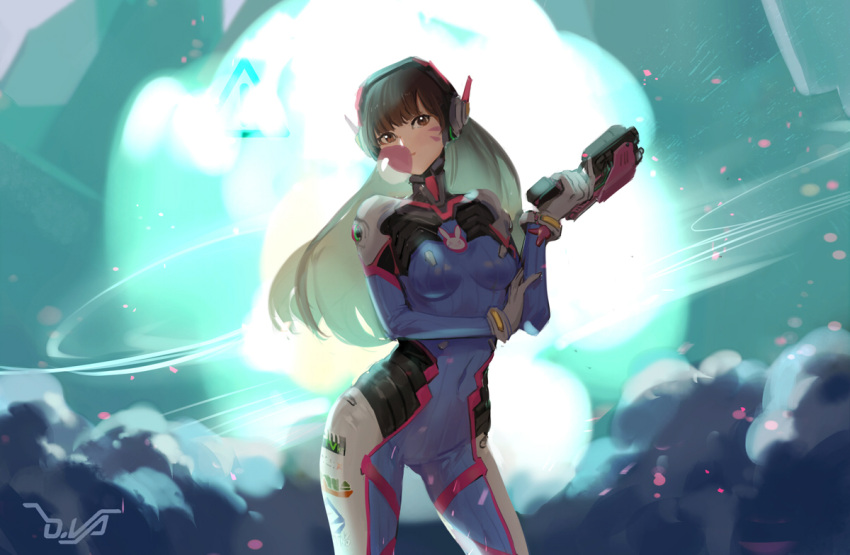 1girl achyue brown_eyes brown_hair bubble_blowing clouds contrapposto covered_navel d.va_(overwatch) facial_mark gluteal_fold gun looking_at_viewer night overwatch petals skin_tight solo weapon