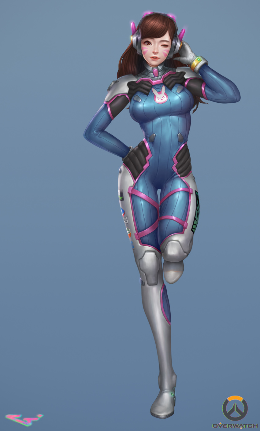 1girl absurdres acronym arm_behind_back bangs blue_background bodysuit boots bracer breasts brown_eyes brown_hair bunny_print copyright_name d.va_(overwatch) emblem facepaint facial_mark gloves hand_on_headwear hand_on_hip hand_up headphones highres jagercoke lips lipstick logo long_hair long_sleeves makeup medium_breasts one_eye_closed one_leg_raised overwatch parted_lips pauldrons pilot_suit pink_lipstick ribbed_bodysuit shoulder_pads signature simple_background skin_tight smile solo standing standing_on_one_leg thigh-highs thigh_boots thigh_gap thigh_strap turtleneck whisker_markings white_boots white_gloves