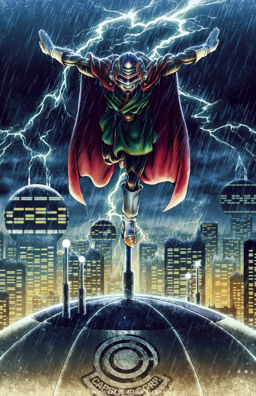 1boy absurdres boots building cape city dragon_ball dragon_ball_z dragonball_z electricity gloves great_saiyaman helmet highres lightning looking_at_viewer pose rain skyscraper smile solo son_gohan storm thunder water wet zach_smithson