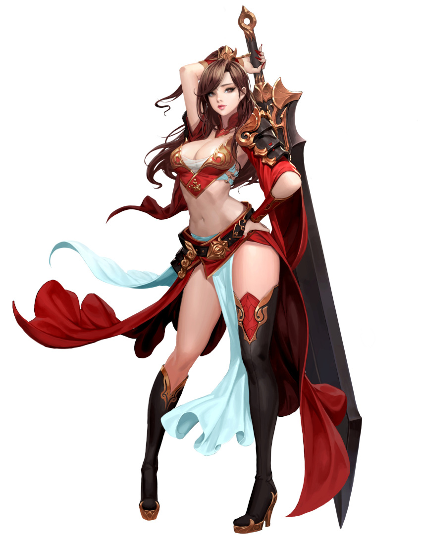 1girl absurdres arm_up breasts brown_eyes brown_hair cherrylich cleavage closed_mouth fingernails full_body hand_on_hip head_tilt high_heels highres holding holding_sword holding_weapon long_fingernails long_hair looking_at_viewer mismatched_footwear nail_polish navel original realistic red_nails simple_background single_knee_boot single_thigh_boot solo sword weapon white_background